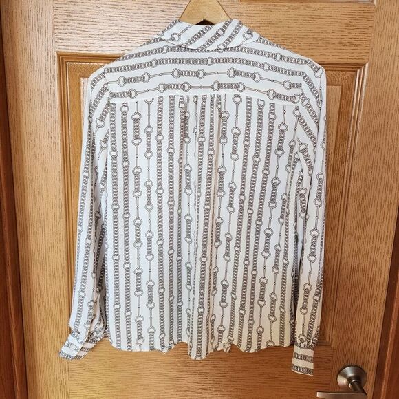 Banana Republic Chain Print Blouse Scarf Tie Women's Size XS Black & White EUC - Picture 7 of 11